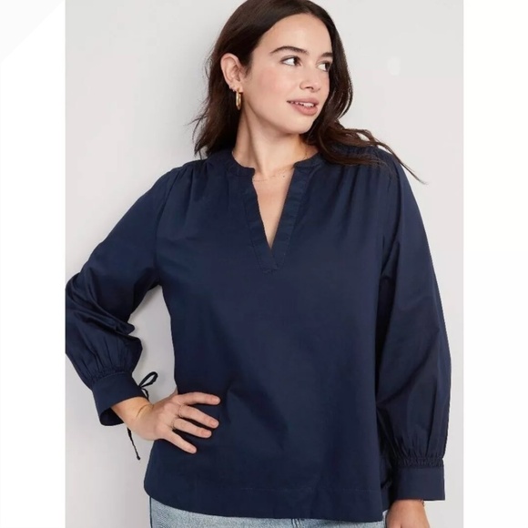 Old Navy PeasantTop Blue Split Neck Long Sleeve Woven Blouse Size XL - Picture 1 of 8